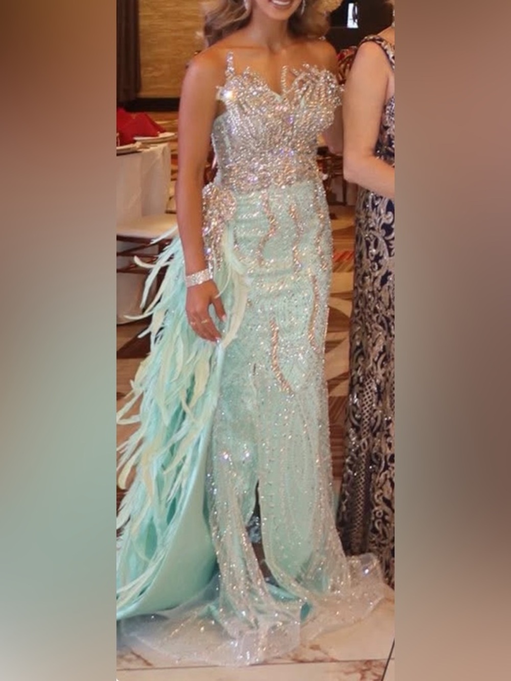Elegant Feathered Gown in Mint and Silver